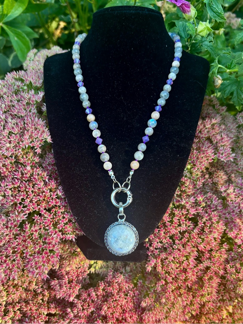 Beaded moonstone necklace and rainbow moonstone pendant.